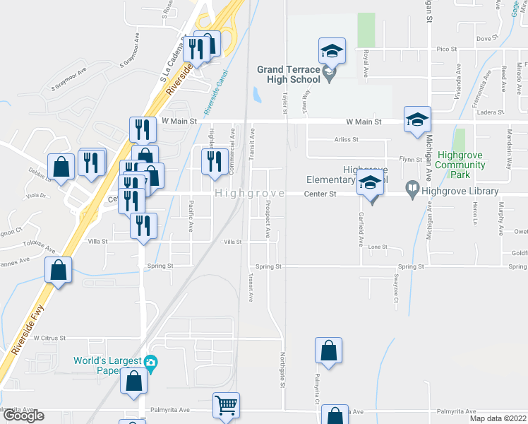 map of restaurants, bars, coffee shops, grocery stores, and more near 375 Prospect Avenue in Riverside