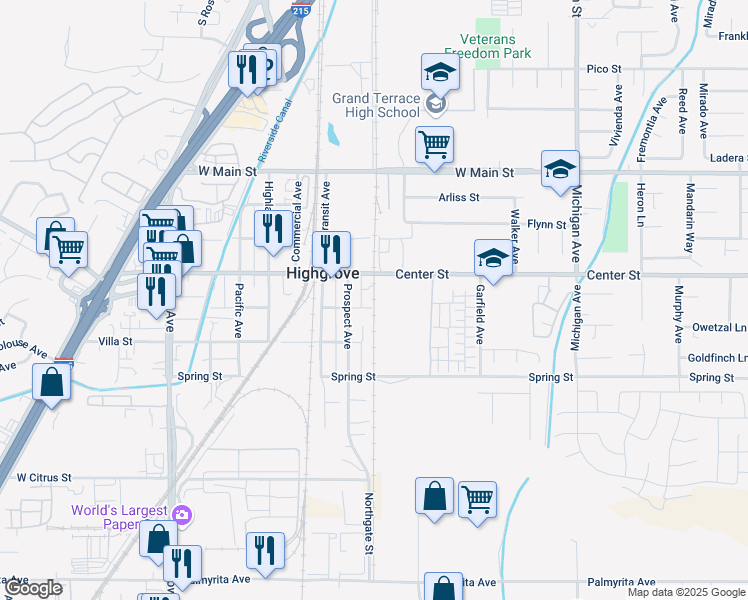 map of restaurants, bars, coffee shops, grocery stores, and more near 918 Center Street in Riverside