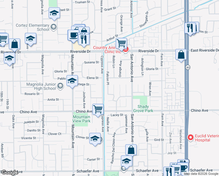 map of restaurants, bars, coffee shops, grocery stores, and more near 13100 Robin Court in Chino