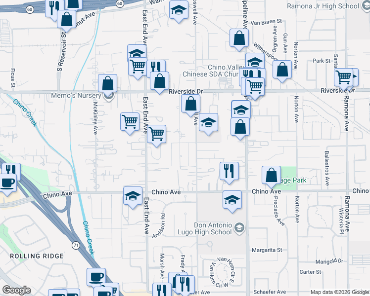 map of restaurants, bars, coffee shops, grocery stores, and more near 13086 Cozzens Avenue in Chino