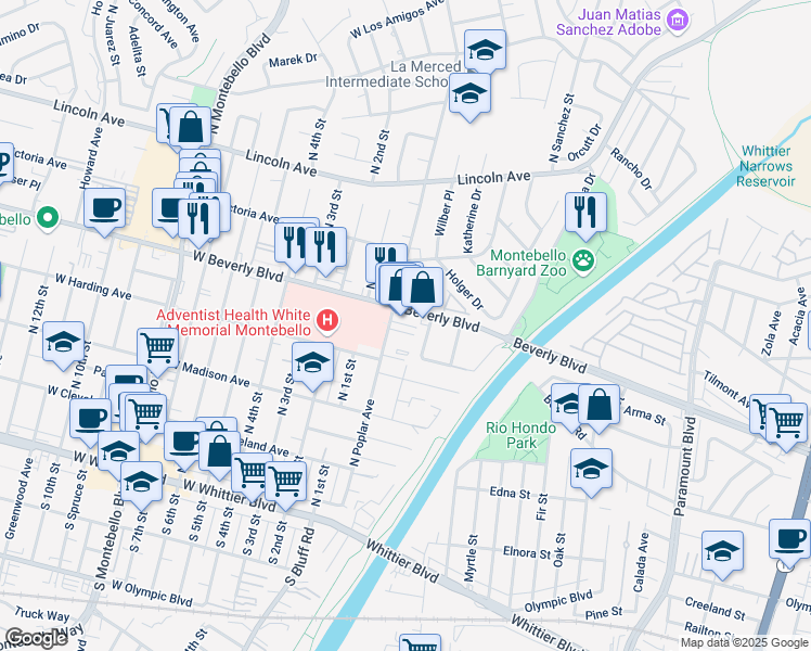 map of restaurants, bars, coffee shops, grocery stores, and more near 224 Beverly Boulevard in Montebello