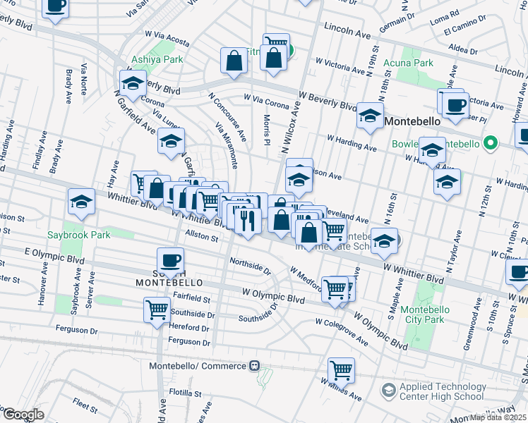map of restaurants, bars, coffee shops, grocery stores, and more near 147 North Wilcox Avenue in Montebello