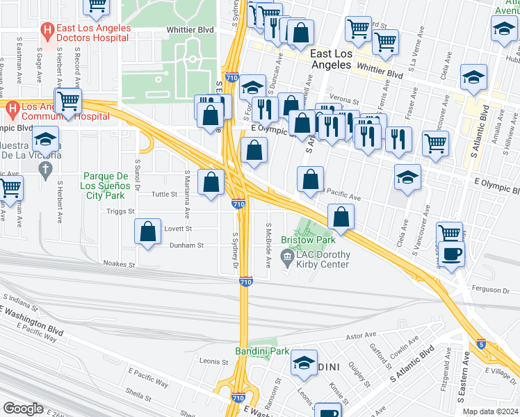map of restaurants, bars, coffee shops, grocery stores, and more near 1354 South Duncan Avenue in Commerce