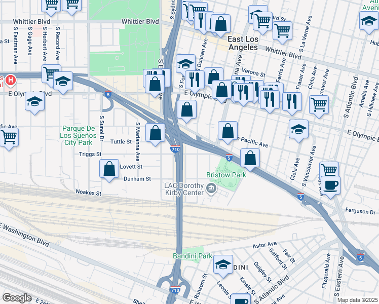 map of restaurants, bars, coffee shops, grocery stores, and more near 1354 South Duncan Avenue in Commerce