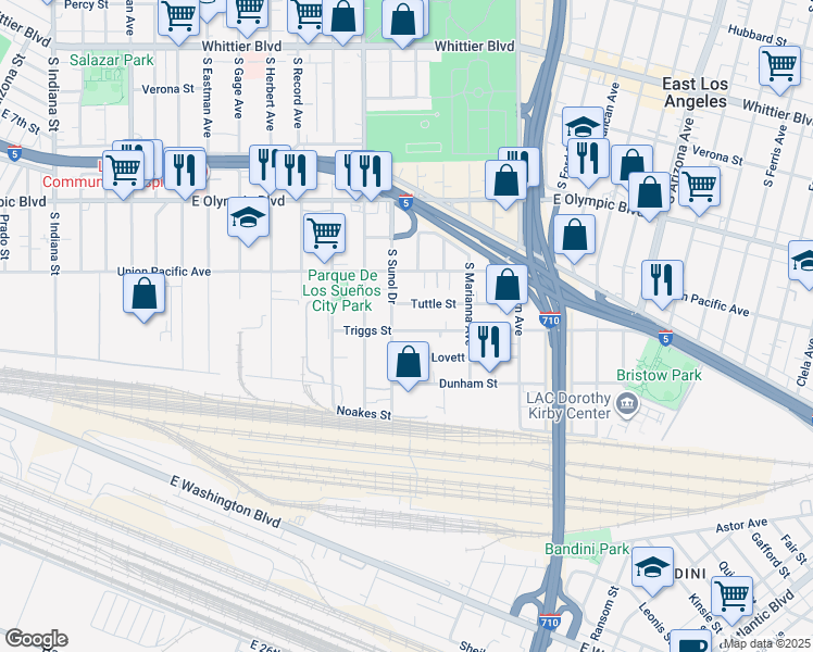 map of restaurants, bars, coffee shops, grocery stores, and more near 1339 South Sunol Drive in Los Angeles