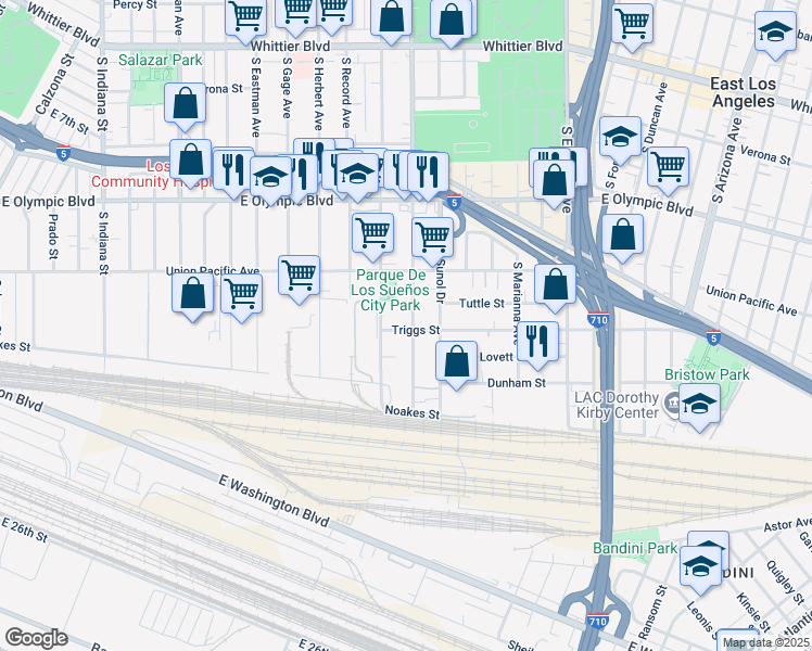 map of restaurants, bars, coffee shops, grocery stores, and more near 1339 South Downey Road in Los Angeles