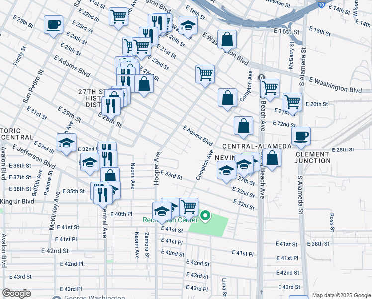 map of restaurants, bars, coffee shops, grocery stores, and more near 1341 East 27th Street in Los Angeles