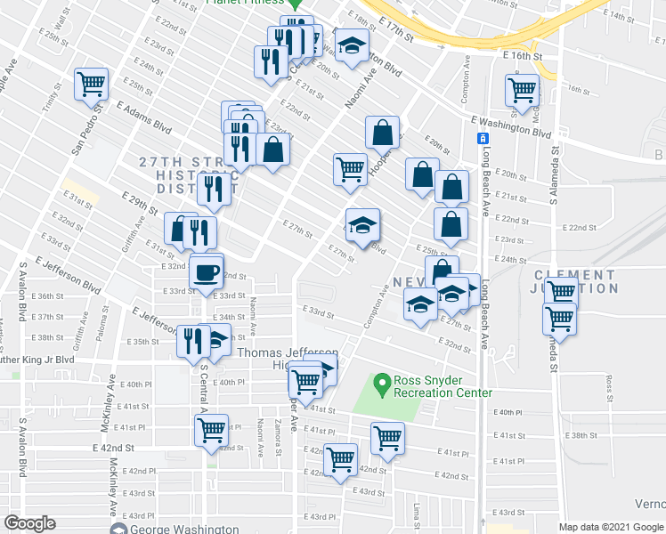 map of restaurants, bars, coffee shops, grocery stores, and more near 2704 Hooper Avenue in Los Angeles