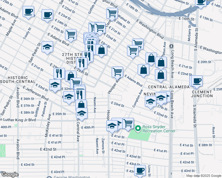 map of restaurants, bars, coffee shops, grocery stores, and more near 1235 East 28th Street in Los Angeles