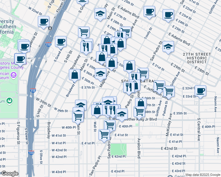 map of restaurants, bars, coffee shops, grocery stores, and more near 336 East 35th Street in Los Angeles