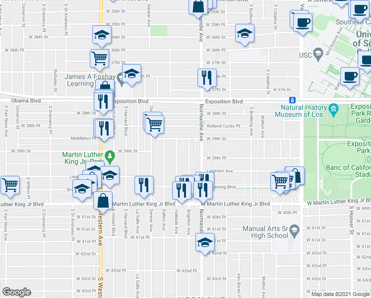 map of restaurants, bars, coffee shops, grocery stores, and more near 1344 West 39th Street in Los Angeles