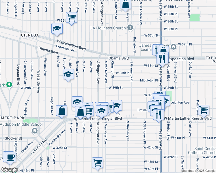 map of restaurants, bars, coffee shops, grocery stores, and more near 3866 South Van Ness Avenue in Los Angeles