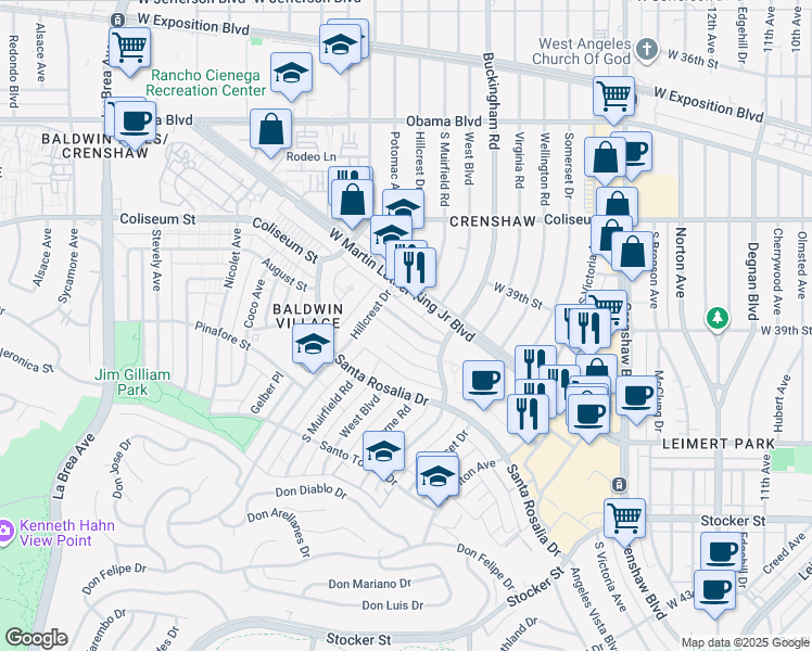map of restaurants, bars, coffee shops, grocery stores, and more near 4125 Palmyra Road in Los Angeles