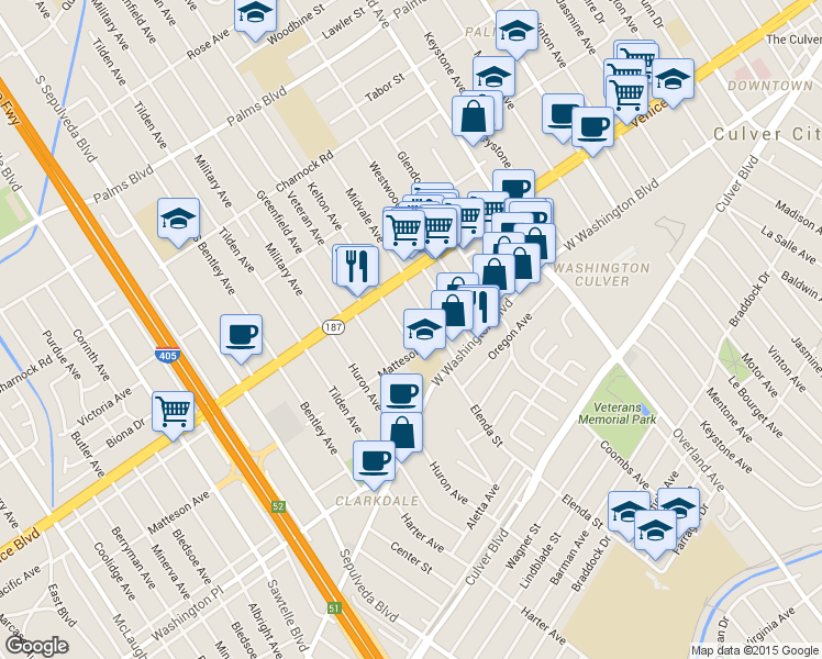 map of restaurants, bars, coffee shops, grocery stores, and more near 3840 Girard Avenue in Culver City