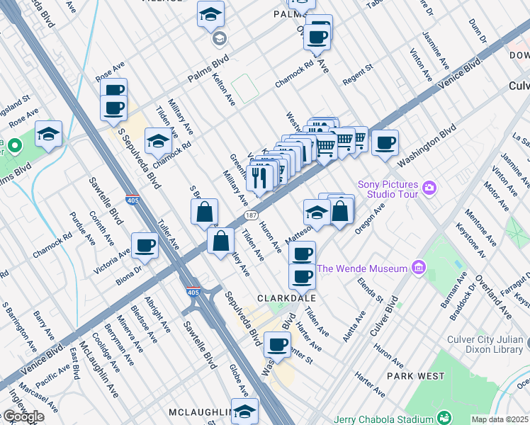 map of restaurants, bars, coffee shops, grocery stores, and more near 10937 Venice Boulevard in Los Angeles