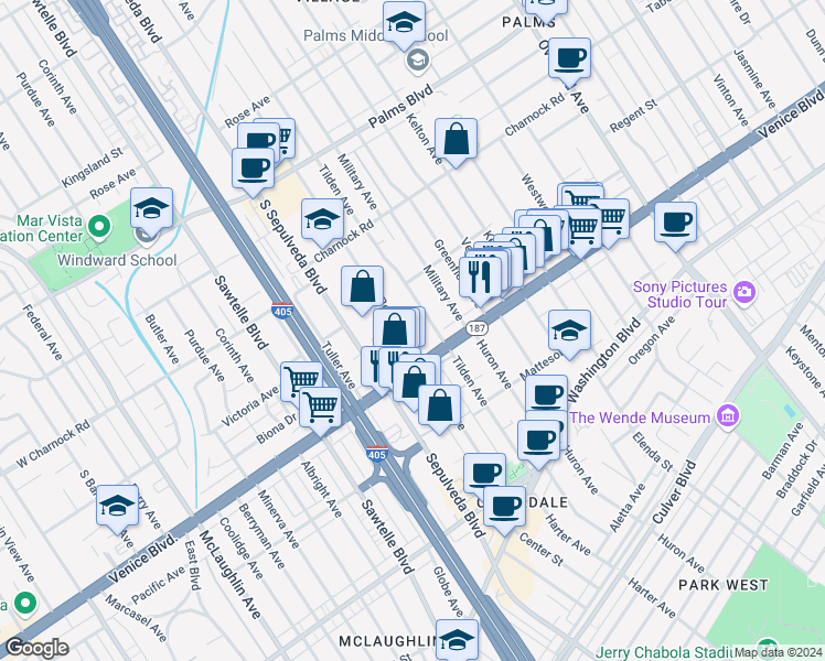 map of restaurants, bars, coffee shops, grocery stores, and more near 3729 Tilden Avenue in Los Angeles