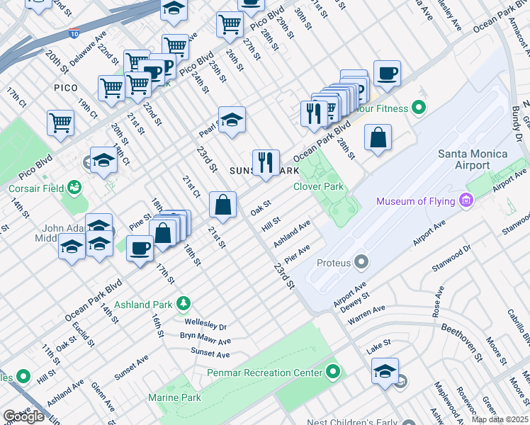 map of restaurants, bars, coffee shops, grocery stores, and more near 2410 1/2 Oak Street in Santa Monica