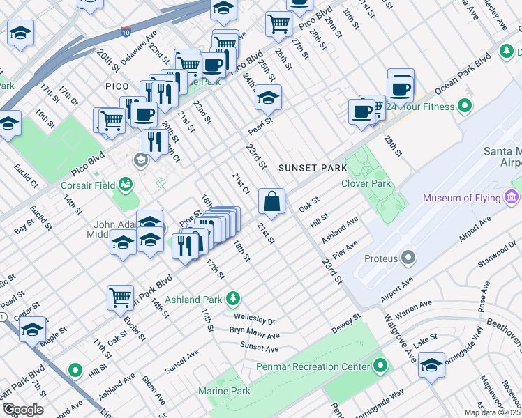 map of restaurants, bars, coffee shops, grocery stores, and more near 2503 21st Court in Santa Monica
