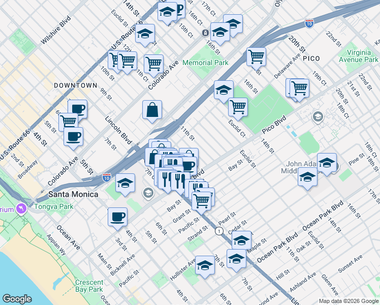 map of restaurants, bars, coffee shops, grocery stores, and more near 1814 11th Street in Santa Monica