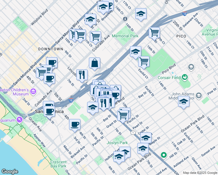 map of restaurants, bars, coffee shops, grocery stores, and more near 1750 10th Street in Santa Monica