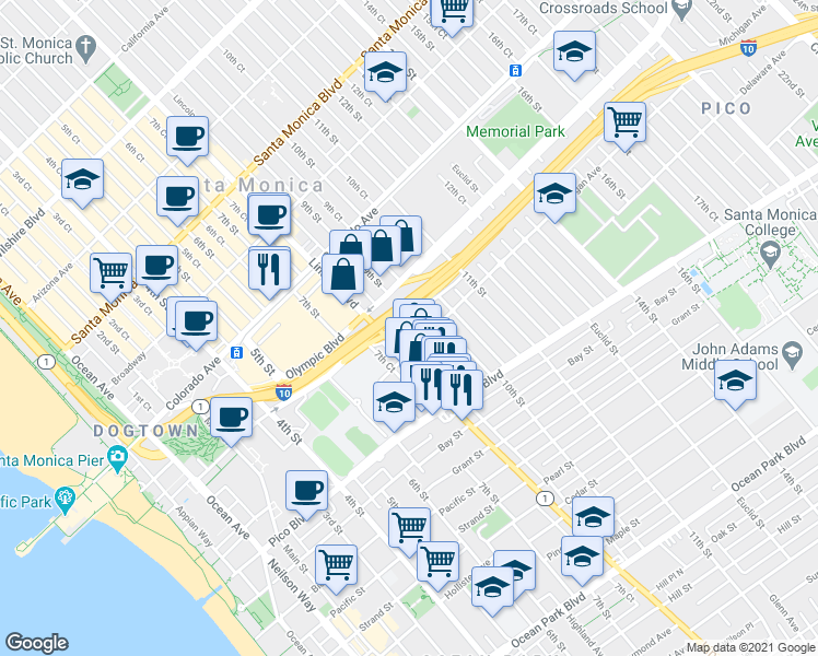 map of restaurants, bars, coffee shops, grocery stores, and more near 1738 9th Street in Santa Monica