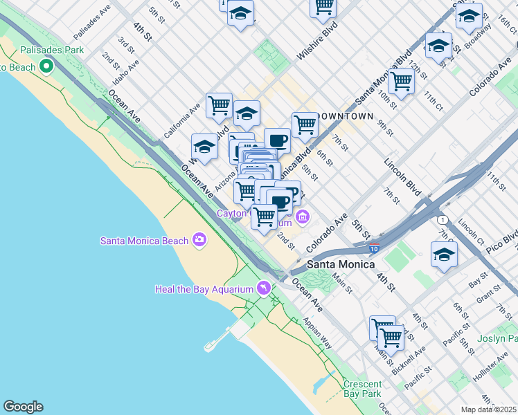 map of restaurants, bars, coffee shops, grocery stores, and more near in Santa Monica