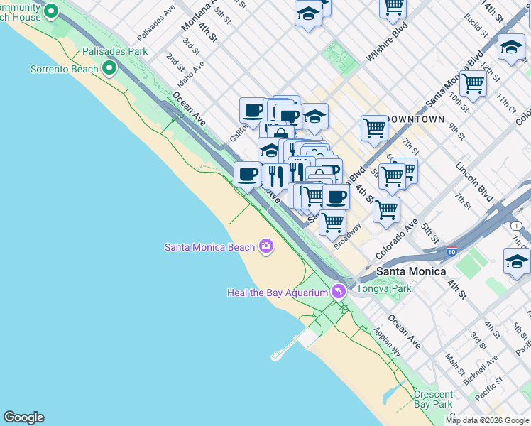 map of restaurants, bars, coffee shops, grocery stores, and more near 264 Ocean Avenue in Santa Monica
