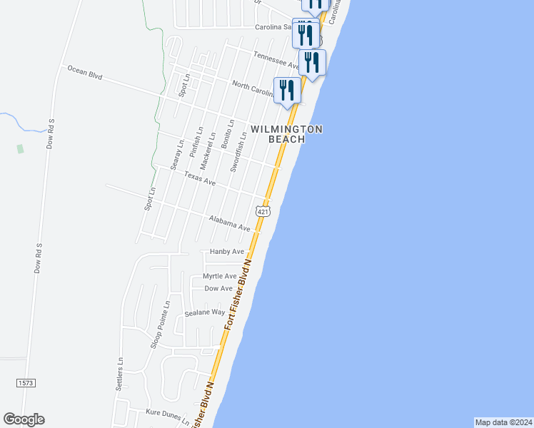 map of restaurants, bars, coffee shops, grocery stores, and more near 1615 South Lake Park Boulevard in Carolina Beach