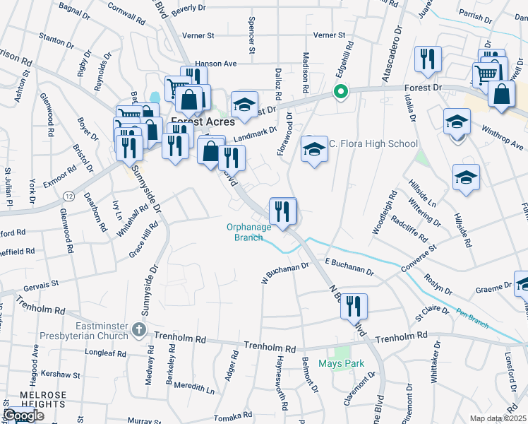 map of restaurants, bars, coffee shops, grocery stores, and more near 2062 North Beltline Boulevard in Columbia