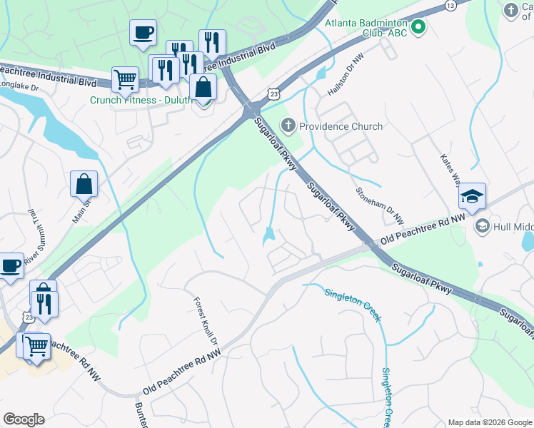 map of restaurants, bars, coffee shops, grocery stores, and more near 3692 Terrah Point Drive in Duluth
