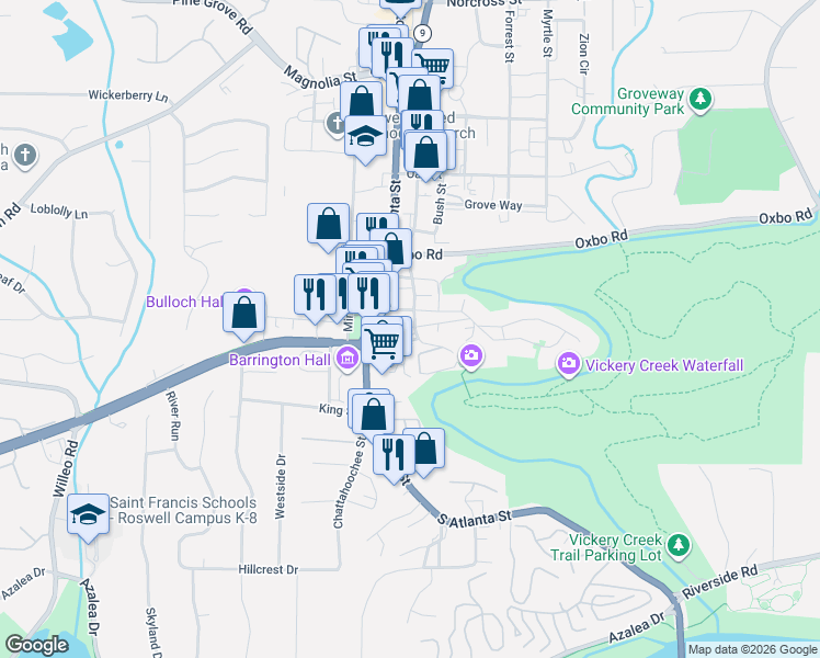 map of restaurants, bars, coffee shops, grocery stores, and more near 34 Sloan Street in Roswell