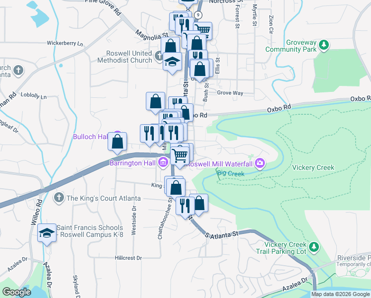 map of restaurants, bars, coffee shops, grocery stores, and more near 235 Founders Mill Court in Roswell