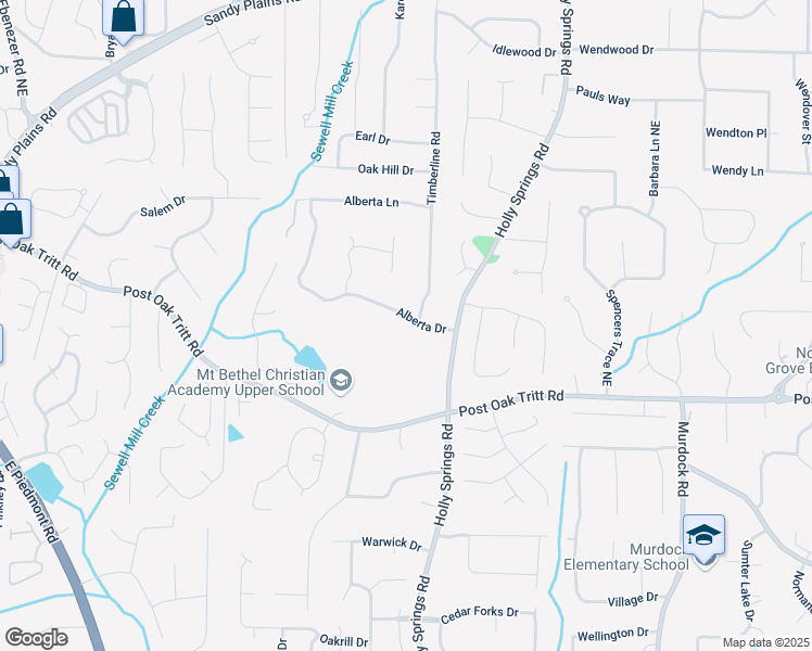 map of restaurants, bars, coffee shops, grocery stores, and more near 3078 Alberta Drive in Marietta