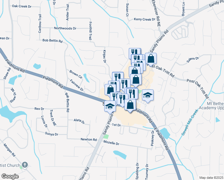 map of restaurants, bars, coffee shops, grocery stores, and more near 2621 Sandy Plains Road in Marietta