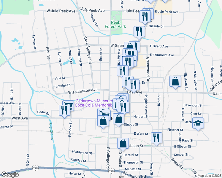 map of restaurants, bars, coffee shops, grocery stores, and more near South College Street in Cedartown