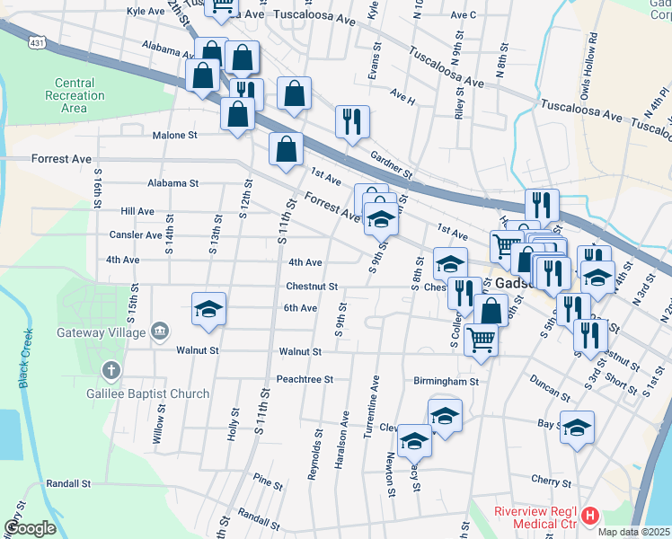 map of restaurants, bars, coffee shops, grocery stores, and more near 208 South 10th Street in Gadsden