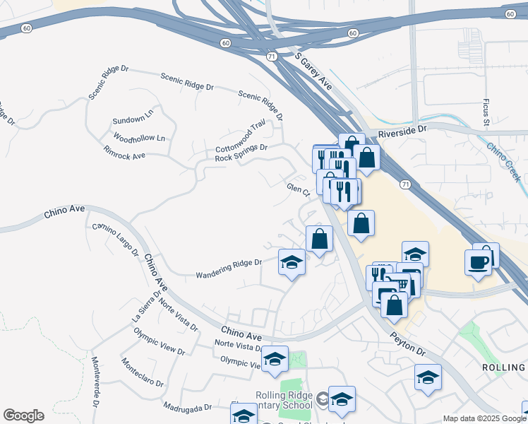 map of restaurants, bars, coffee shops, grocery stores, and more near 13133 Le Parc Boulevard in Chino Hills