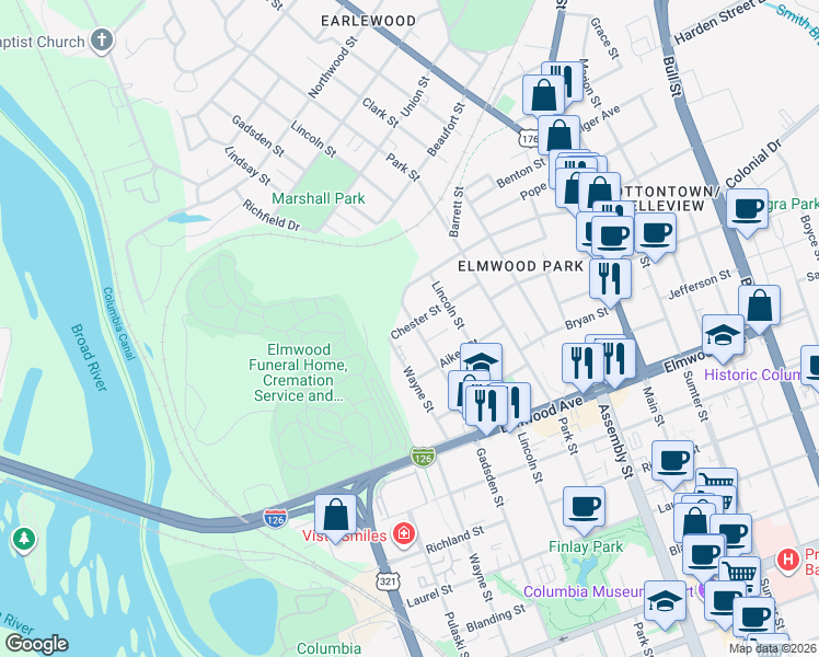 map of restaurants, bars, coffee shops, grocery stores, and more near 2331 Gadsden Street in Columbia