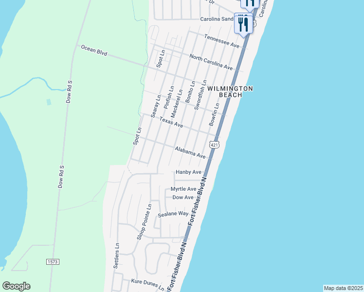 map of restaurants, bars, coffee shops, grocery stores, and more near 1610 Swordfish Lane in Carolina Beach