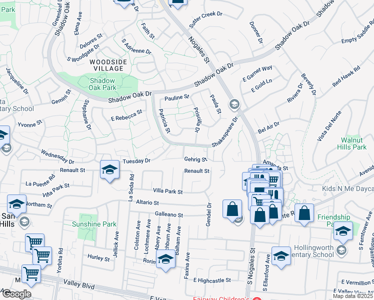map of restaurants, bars, coffee shops, grocery stores, and more near 3541 Priscilla Drive in West Covina