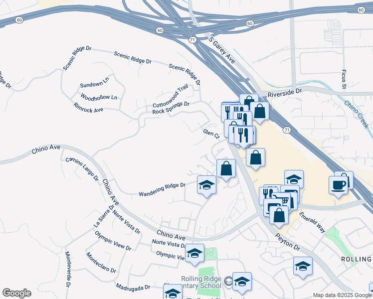 map of restaurants, bars, coffee shops, grocery stores, and more near 13133 Le Parc Boulevard in Chino Hills