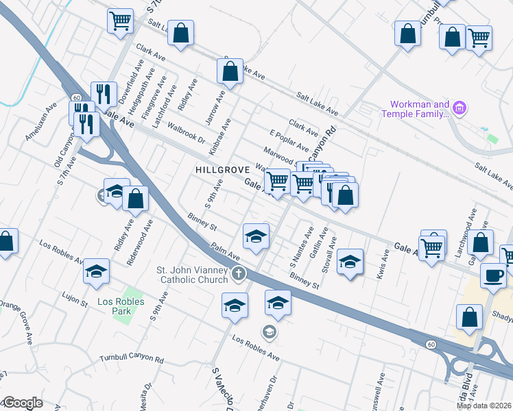 map of restaurants, bars, coffee shops, grocery stores, and more near 1130 Valencia Avenue in Hacienda Heights
