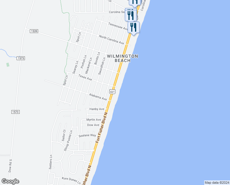 map of restaurants, bars, coffee shops, grocery stores, and more near 1615 South Lake Park Boulevard in Carolina Beach