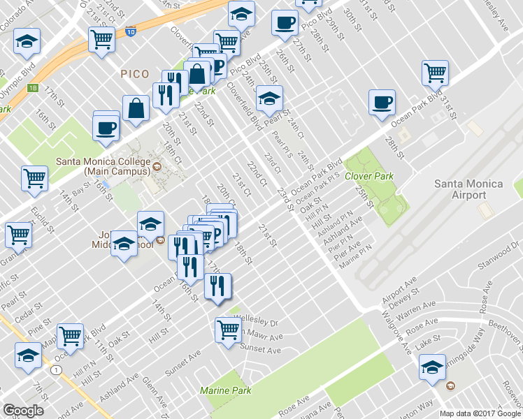 map of restaurants, bars, coffee shops, grocery stores, and more near 2115 Ocean Park Boulevard in Santa Monica