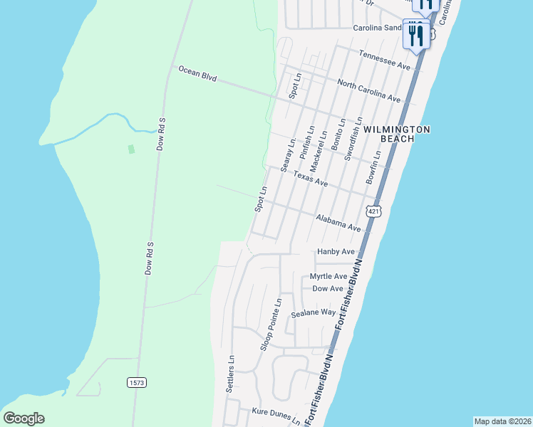 map of restaurants, bars, coffee shops, grocery stores, and more near 901-999 Alabama Avenue in Carolina Beach