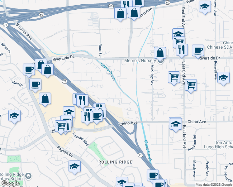 map of restaurants, bars, coffee shops, grocery stores, and more near 3272 Hillview Drive South in Chino