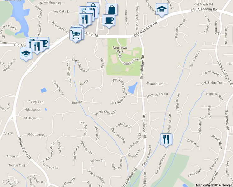 map of restaurants, bars, coffee shops, grocery stores, and more near 550 Ladybank Ln in Johns Creek