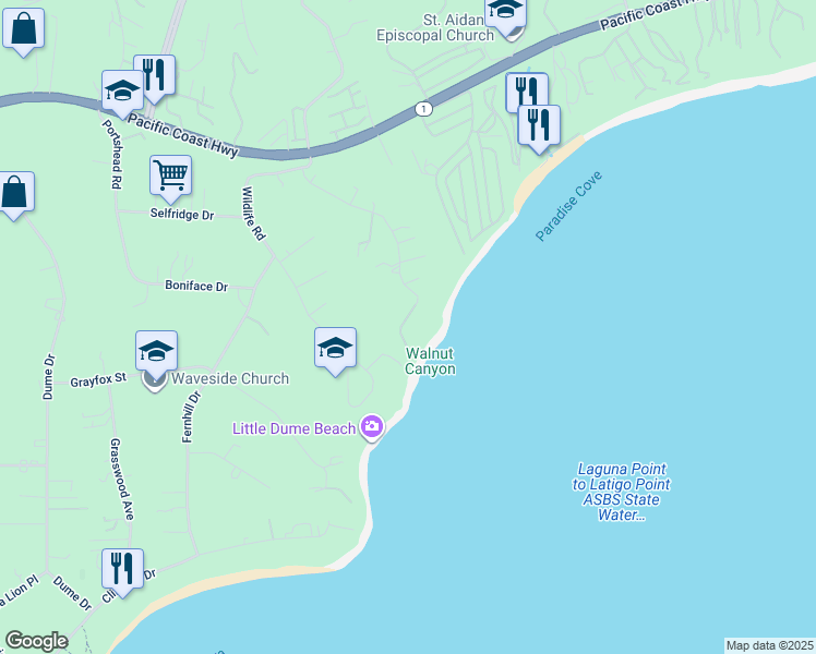 map of restaurants, bars, coffee shops, grocery stores, and more near 6837 Zumirez Drive in Malibu