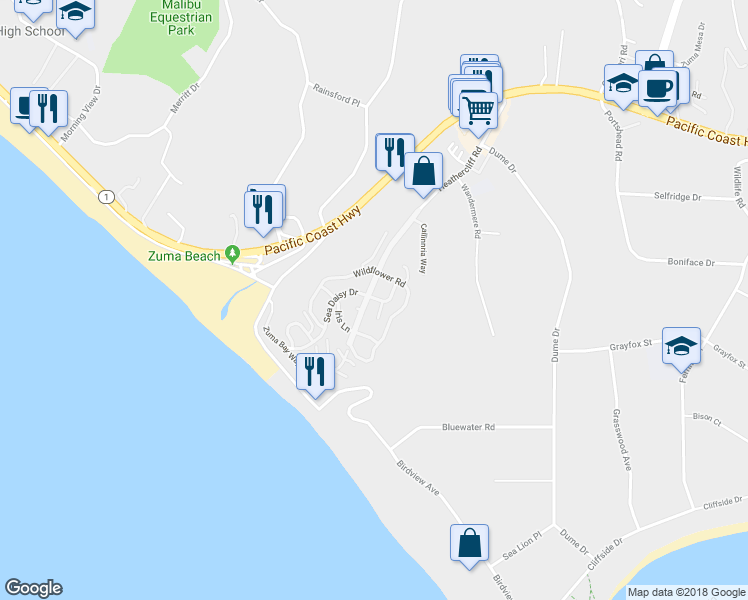 map of restaurants, bars, coffee shops, grocery stores, and more near 29500 Heathercliff Road in Malibu