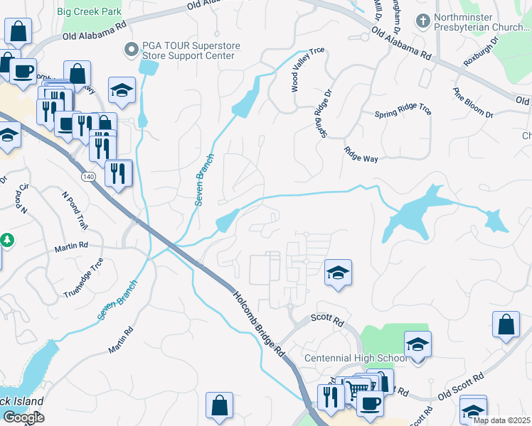 map of restaurants, bars, coffee shops, grocery stores, and more near 4013 Calibre Creek Parkway in Roswell